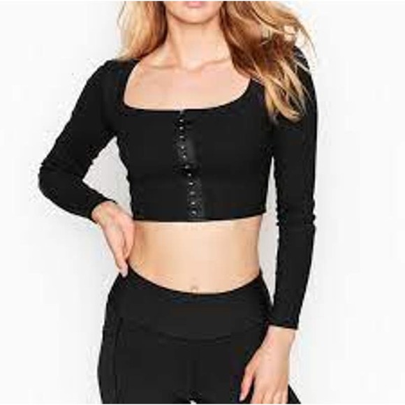 Victoria Secrets Tops - Victoria Secret Black Crop Ribbed Hook/Eye Front Closure  Long Sleeve L